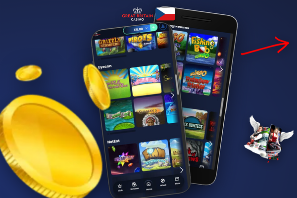 GB Casino app zobrazuje lobby kasina a sportovní sázky na dvou chytrých telefonech