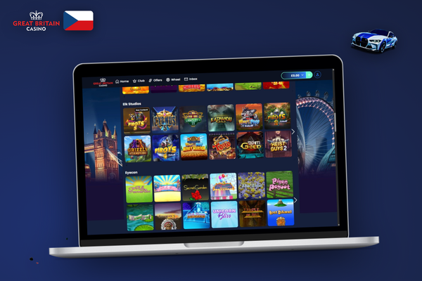 GB Casino na počítači zobrazené na širokoúhlém monitoru s kategoriemi her